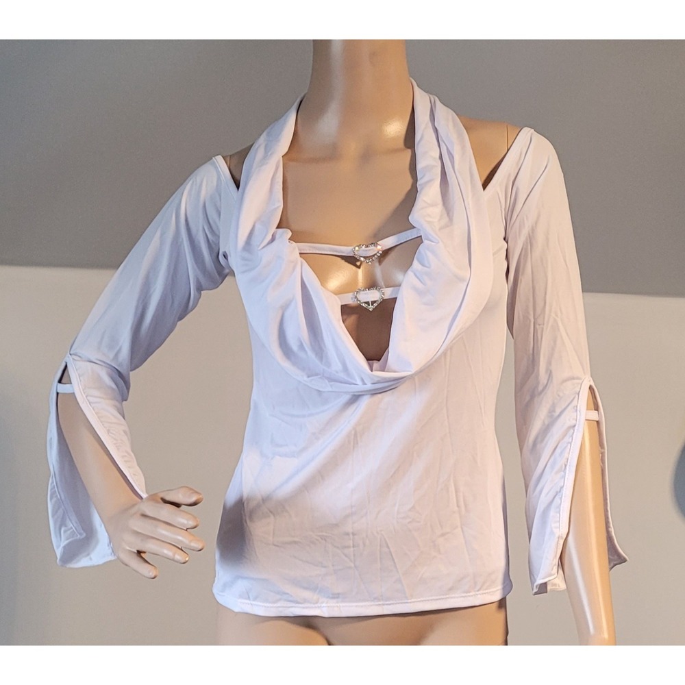 Sexy Women White Blouse Stretch Small Dressy With Rhinestone Heart Accent  25064